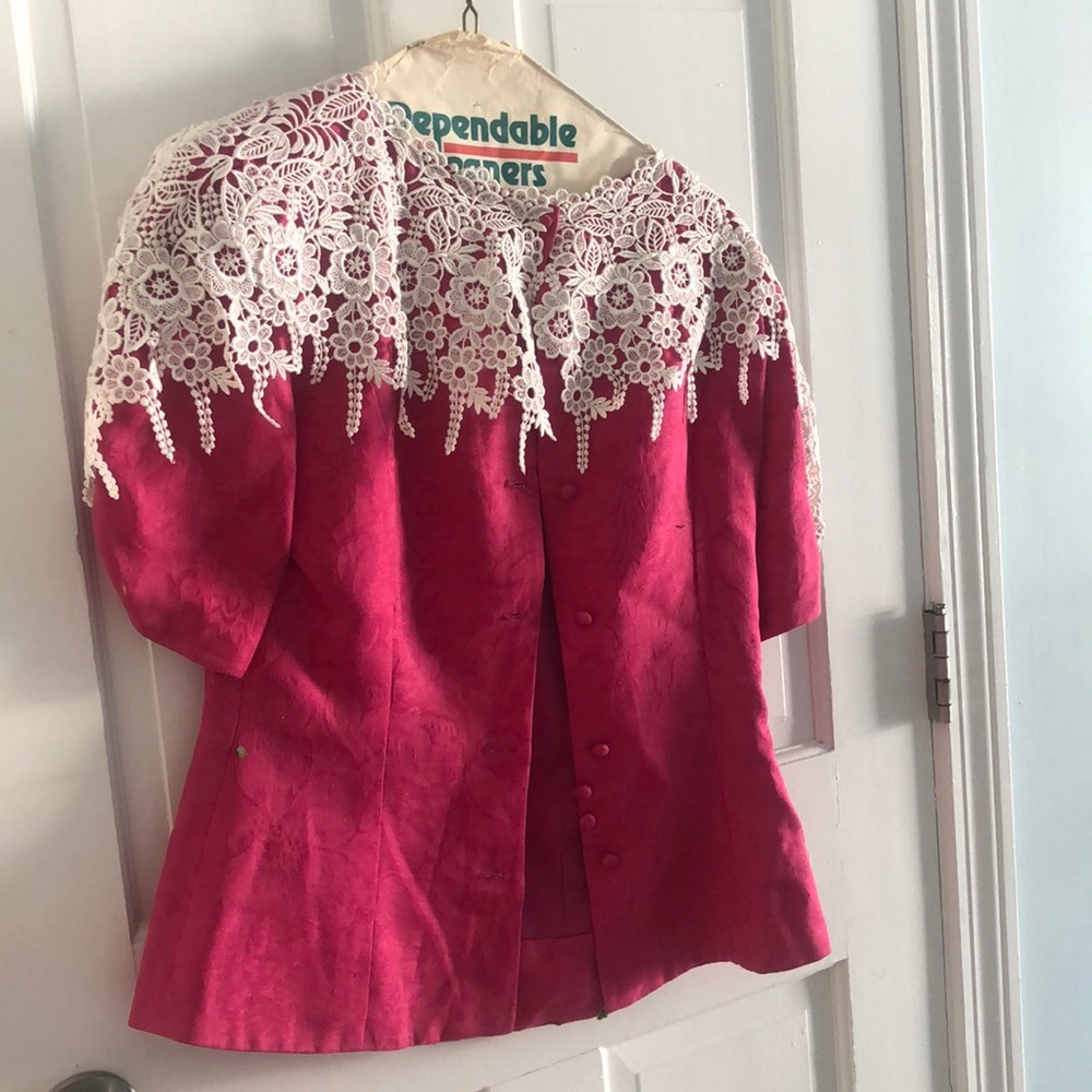 pink lace suit with skirt